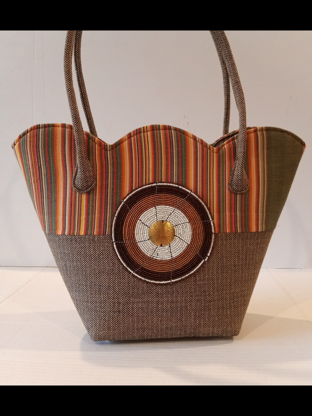 CL Striped Multicolor Tote Bag with Beaded Accent